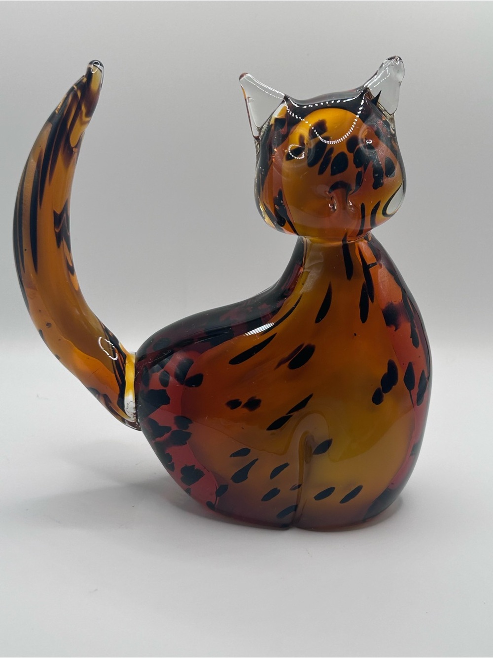 Amber Art Glass Cat Figurine Black Spotted Long Tail Style #3553